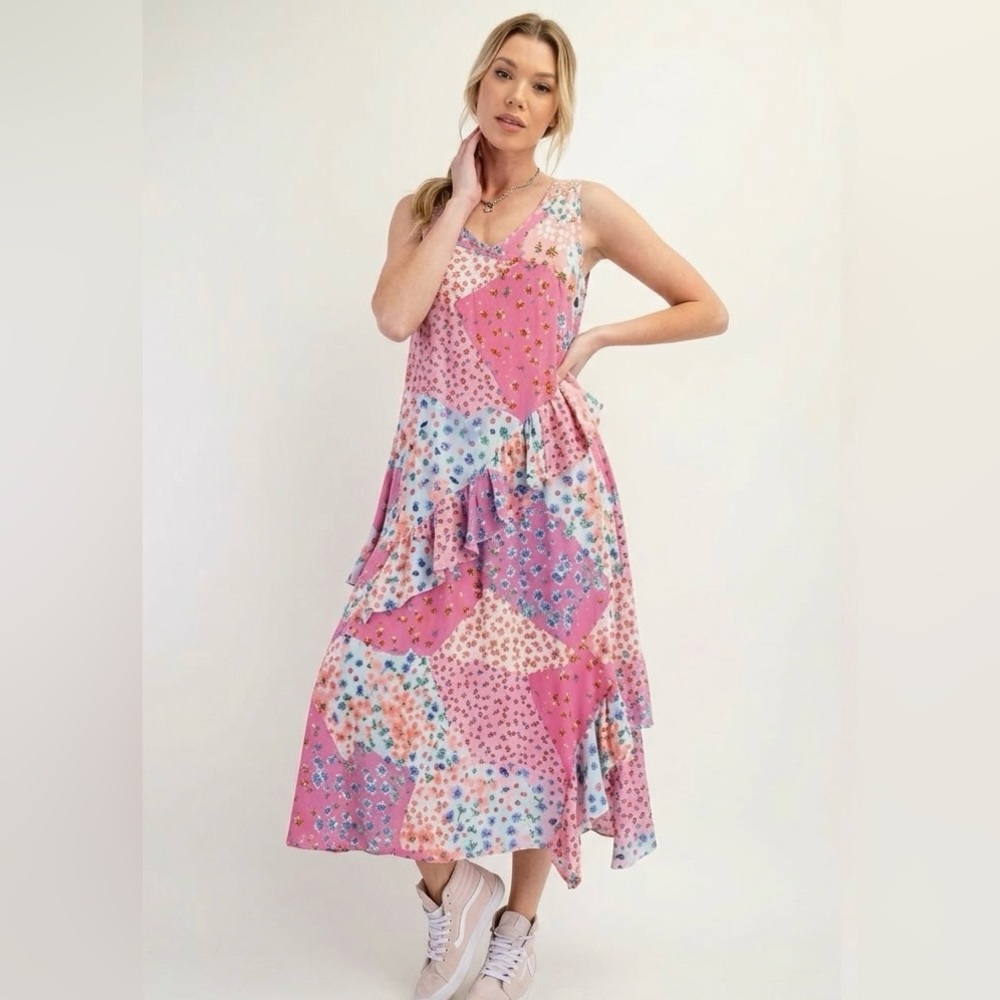 Easel Pink Patchwork Floral Maxi Dress - Picture 3 of 8